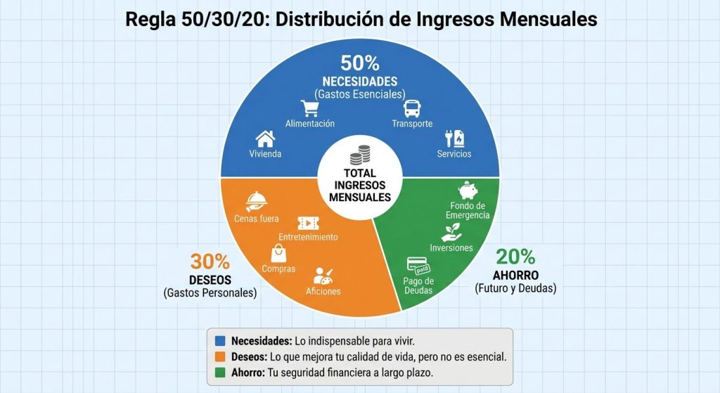 Distribución de ingresos mensuales segun regla 50/30/20