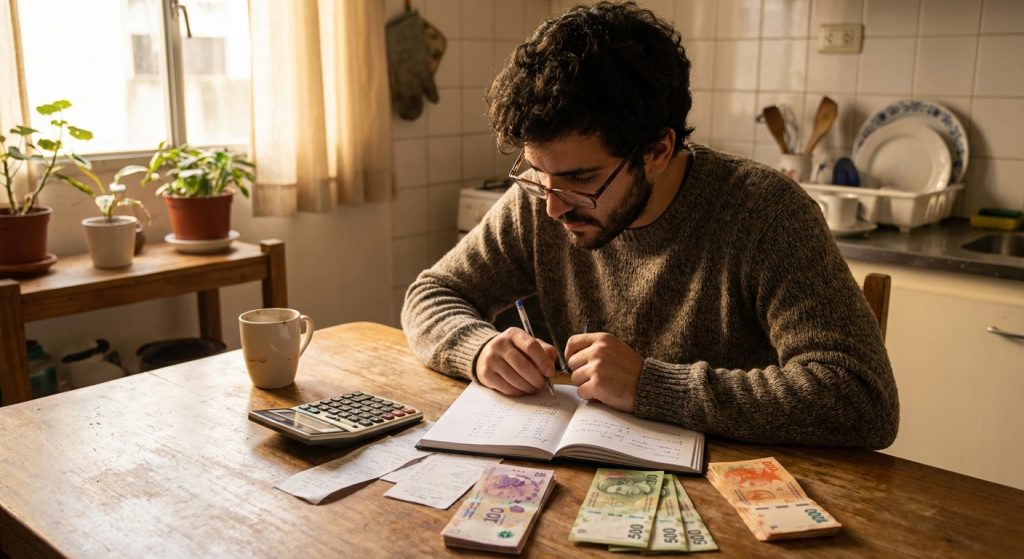 Joven argentino revisando sus finanzas personales con cuaderno, calculadora y pesos argentinos en mesa de cocina