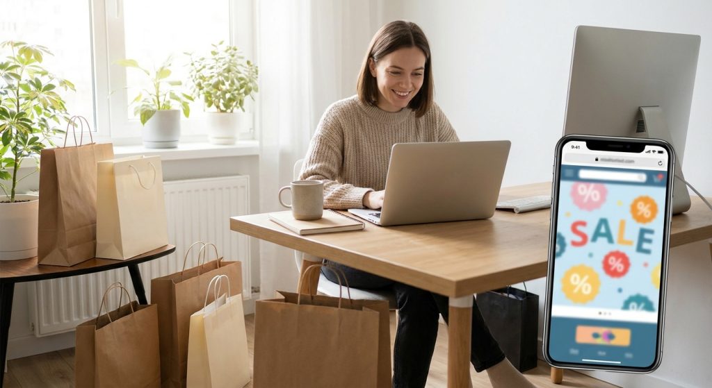 Persona en escritorio con laptop y bolsas de compras aprovechando ofertas del Cyber Monday desde casa