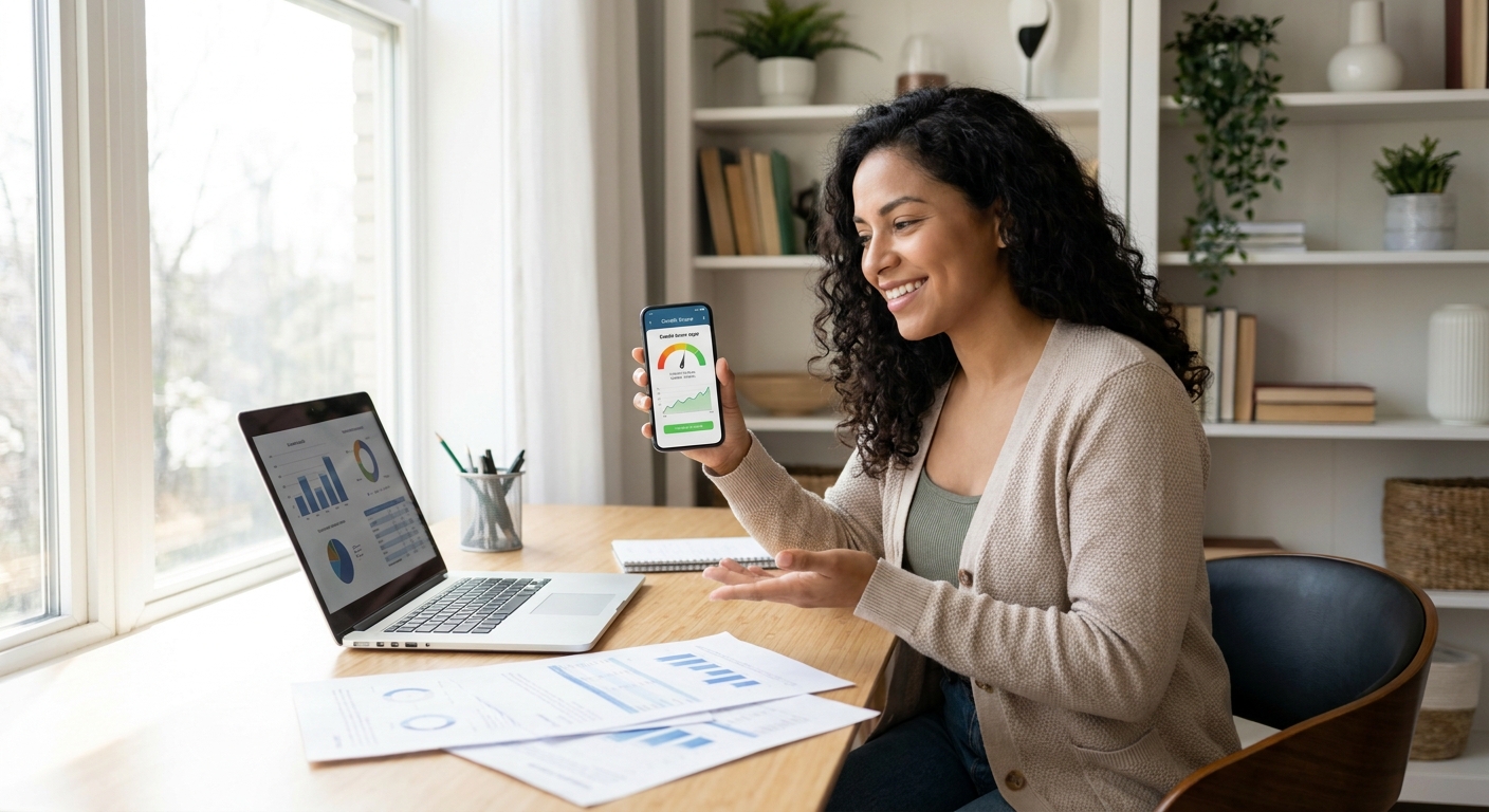Joven latinoamericano revisando su historial crediticio en documentos y app financiera en oficina moderna