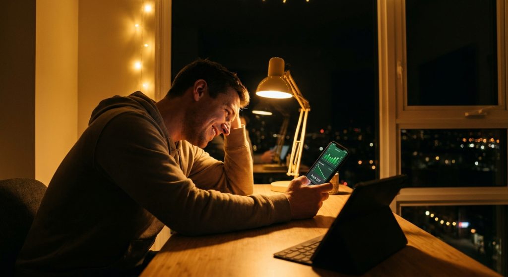 Persona aliviada usando app de IA en smartphone para gestionar deudas con gráficos financieros de noche